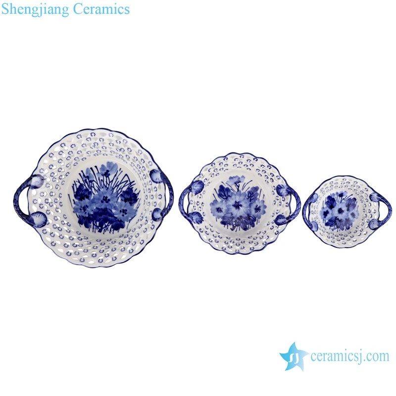 Ryfc28-L-M-S Blue and White Hollow Fruit Basket Three Piece Set Plate